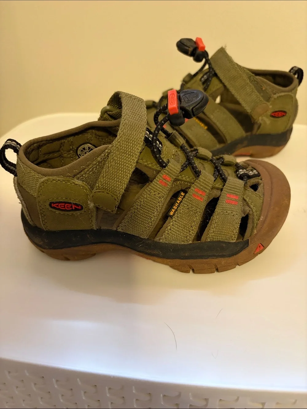 Keen Olive Green and Brown Kids Outdoor Sandals with Red Accents